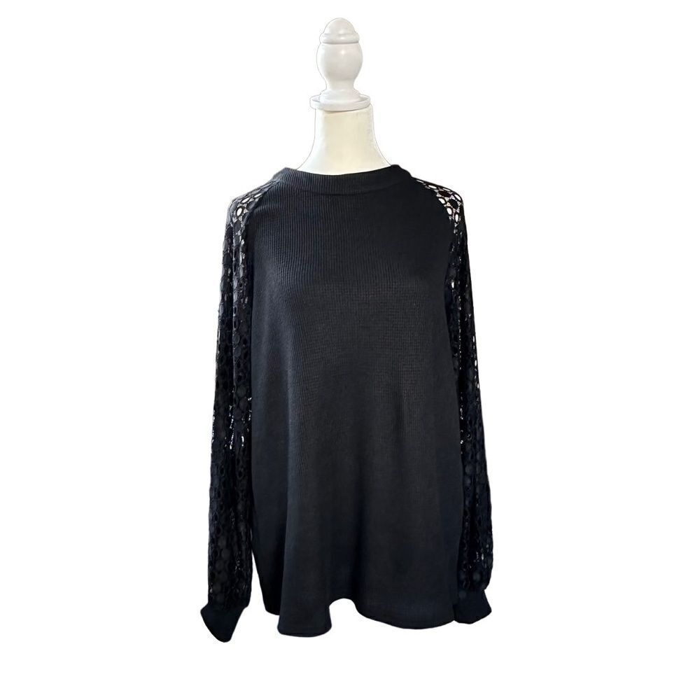 MIHOLL Lace Long Sleeve Casual Loose Top Solid Black Size Medium